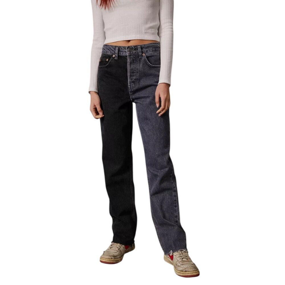 BDG PAX Black Two-Tone Denim Straight High Rise Jeans Raw Hem Button Fly W 27